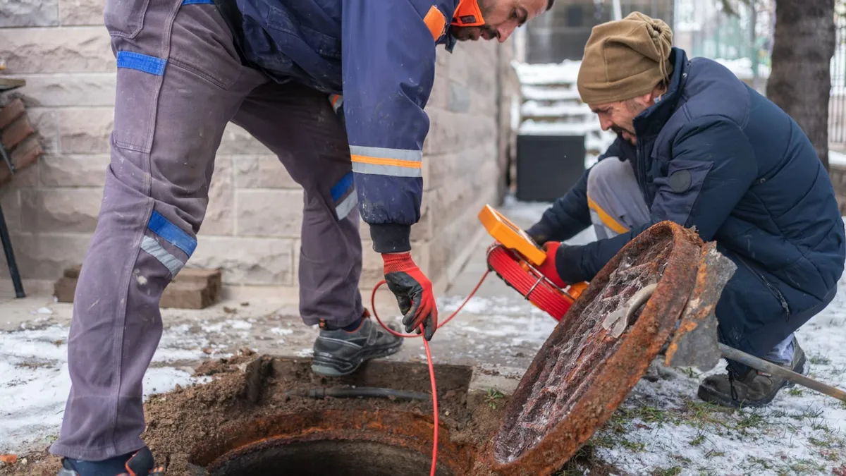 Technicians feeding drain-cleaning equipment into an outdoor sewer access point illustrating monsoon plumbing prep guide for surprise, az homes